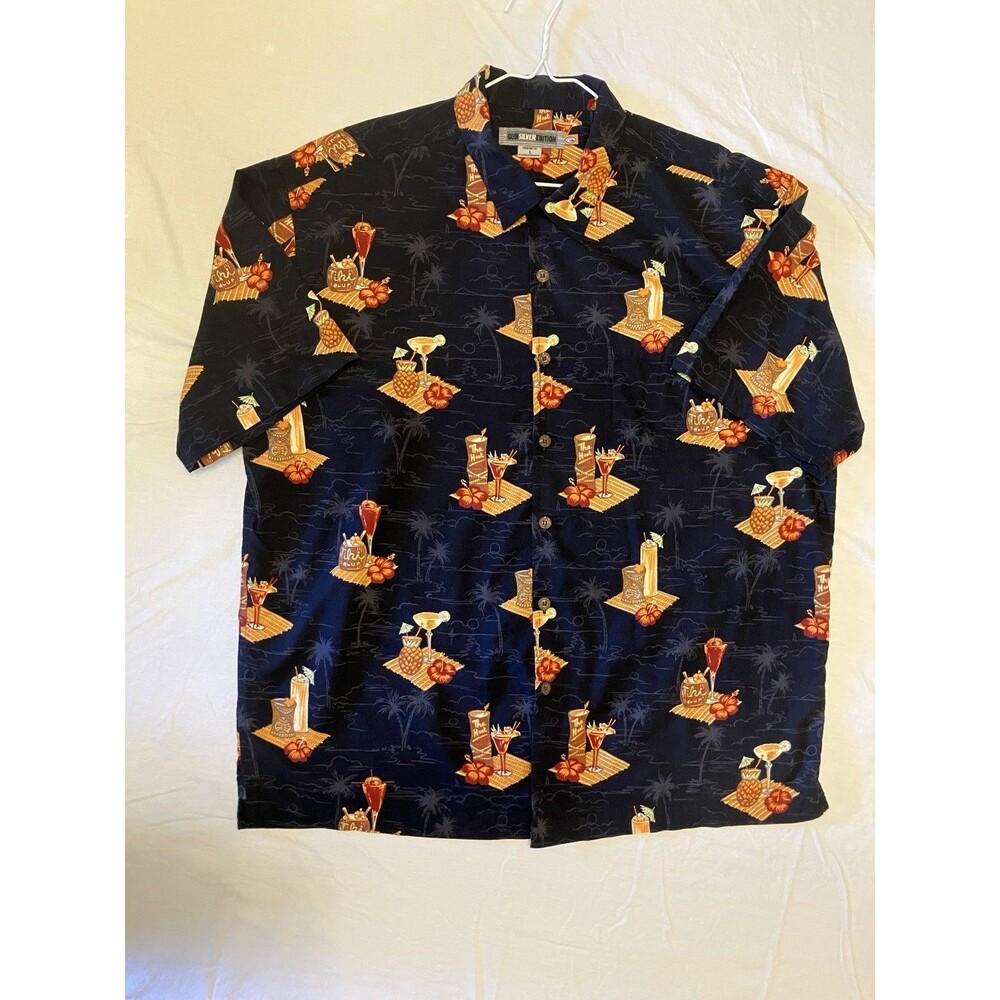 Quicksilver Tiki Short Sleeve Hawaiian Button Down Shirt, Black, Large